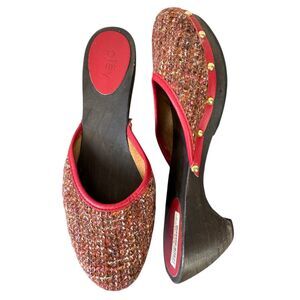 NWT Pley Made in Spain Red Gold Studded Wooden Wedge Sandals Size 5 EU 36